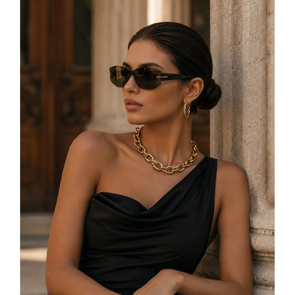 Oscar de la Renta Black Rimless Shield Sunglasses Gold Hardware Oversized Lenses